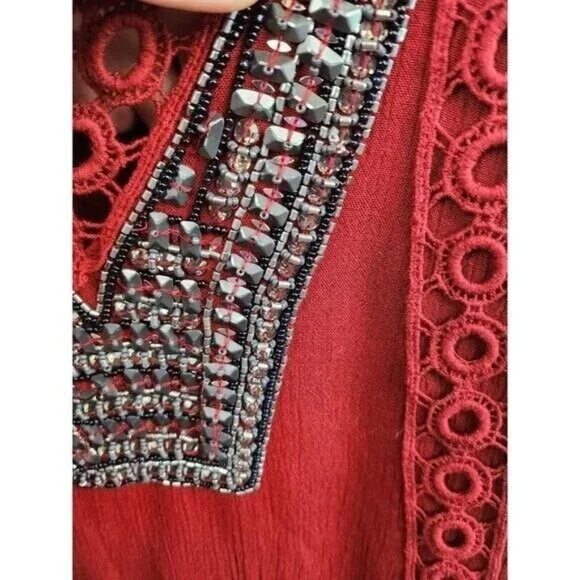 Tularosa Womens Sleeveless Tunic Top Small Red Beaded Crochet BOHO Coquette - Picture 7 of 9